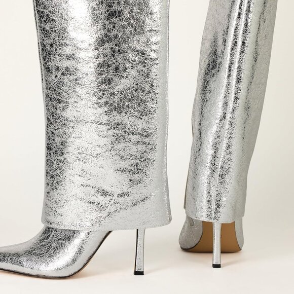 NIB The Drop Womens 9 Jolene Fold Over Tall Boot Silver Crackle Disco Party - Picture 5 of 9